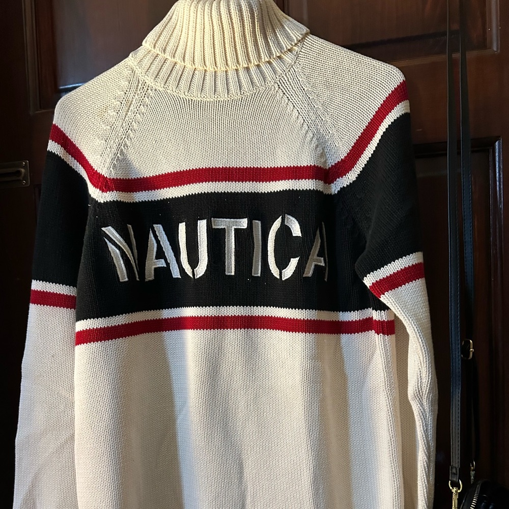 NAUTICA turtleneck sweater off white with red and navy blue stripe